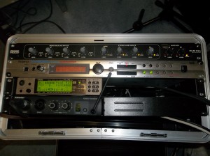 Also in the rack are a mixer and my wireless in-ear unit. It's all pre-wired and it's on wheels so set up and tear down is a breeze.